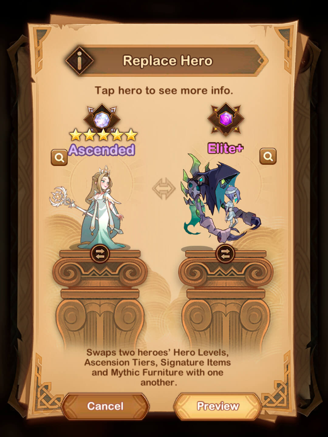 replace hero with swap scroll in afk arena